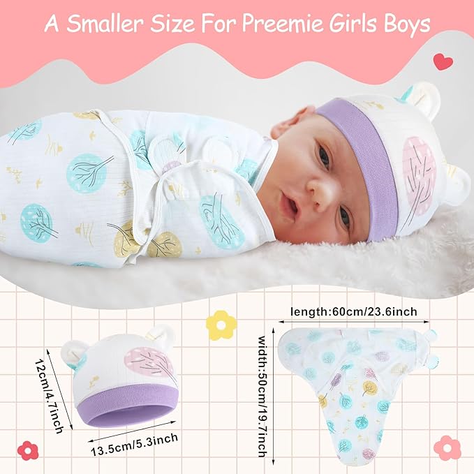 Buryeah 4 Pack Preemie Swaddle Blanket Wrap Set with Hat for Baby Boys Girls 3-7 Lbs Preemie Newborn Clothes Sleepers Cap
