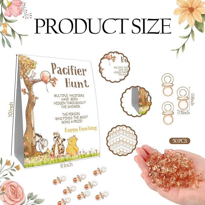Winnie Pacifier Hunt Sign for Baby Shower Game, Mini Pacifiers Baby Shower Games Set 50Pcs Brown 8 * 10IN