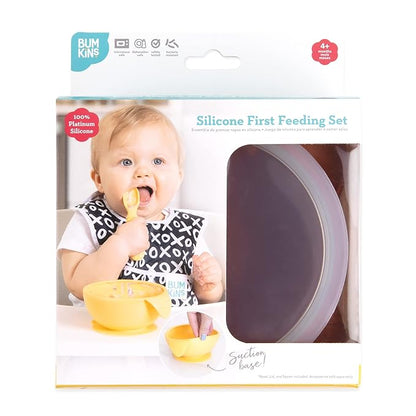 Bumkins Baby Bowl, Silicone Feeding Set with Suction for Baby and Toddler, Includes Spoon and Lid, First Feeding Set, Training Essentials for Baby Led Weaning for Babies 4 Months Up, Clay