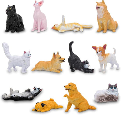 iftnotea 12PCS Small Dog and Cat Figurines for Kids - Puppy Toy Figures with Golden Retriever Husky Colie Pug Shorthair Cat