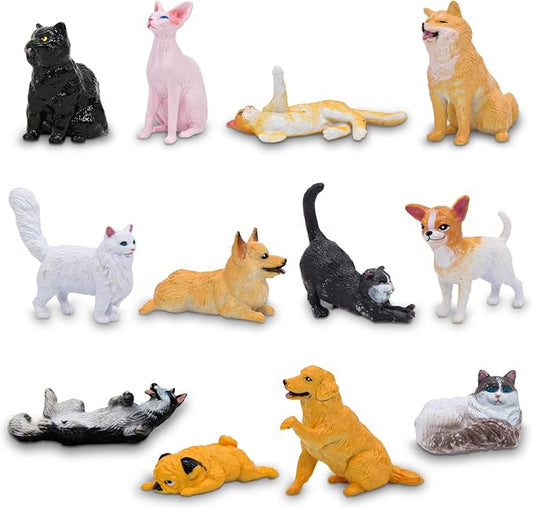 iftnotea 12PCS Small Dog and Cat Figurines for Kids - Puppy Toy Figures with Golden Retriever Husky Colie Pug Shorthair Cat
