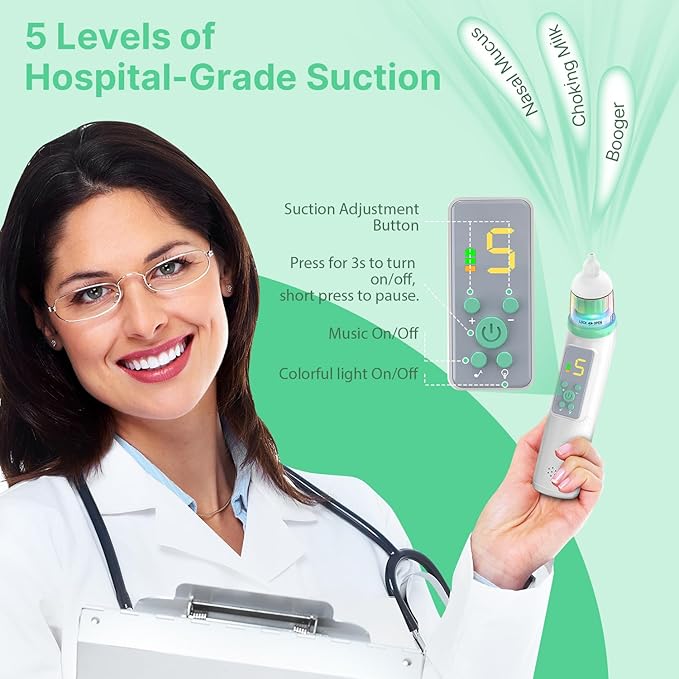 Nasal Aspirator for Baby, Electric Baby Nose Sucker with Adjustable 5 Levels Suction 3 Tips,