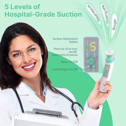 Nasal Aspirator for Baby, Electric Baby Nose Sucker with Adjustable 5 Levels Suction 3 Tips,