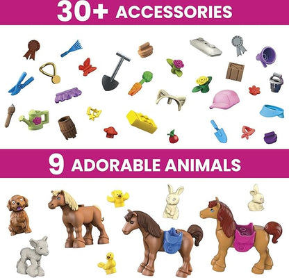 Mega Barbie Pets Horse Toy Building Set with 3 Micro-Dolls and Accessories, 9 Pets, Easy-to-Build Horse Stables Playset,