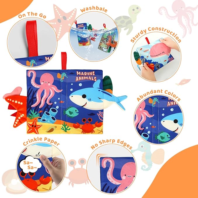 2PCS Baby Books - Montessori Toys Cute Animal Theme Baby Cloth Books 6 to 12 Months, Soft Stuffed High Contrast Crinkle Infant Sensory Toys
