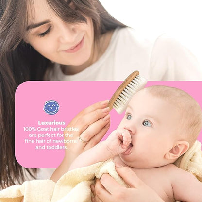 Premium Wooden Baby Hair Brush and Comb Set - Gentle Goat Hair Bristle Brush for Cradle Cap - Ideal Baby Brush Set for Newborns and Toddler Comb