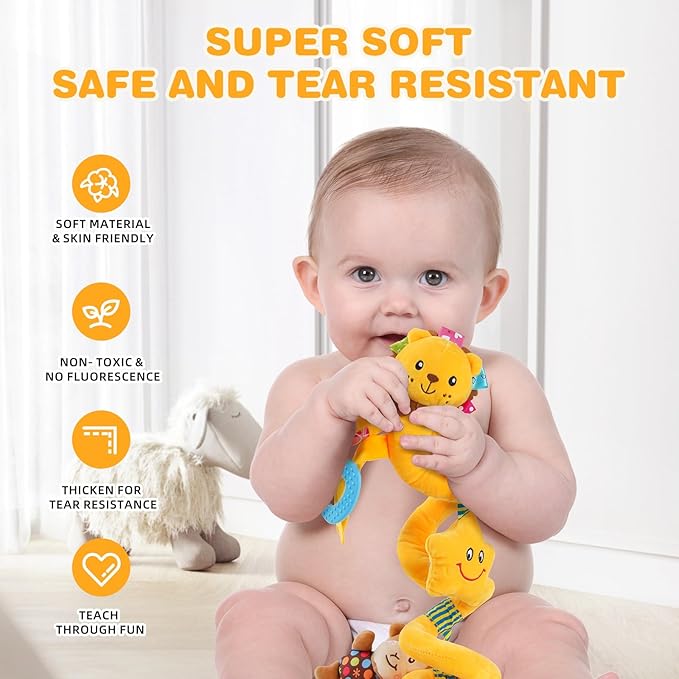 Jollybaby Baby Car Seat Stroller Toys, Plush Activity Hanging Spiral Activity Pram Crib with Music Box, Rattles, Squeaker for Babies Infant Boys Girls(Little Lion)