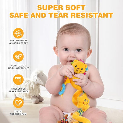 Jollybaby Baby Car Seat Stroller Toys, Plush Activity Hanging Spiral Activity Pram Crib with Music Box, Rattles, Squeaker for Babies Infant Boys Girls(Little Lion)