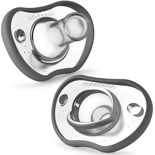 Nanobebe Baby Pacifiers 0-3 Month - Orthodontic, Curves Comfortably with Face Contour 100% Silicone 2pk,Grey