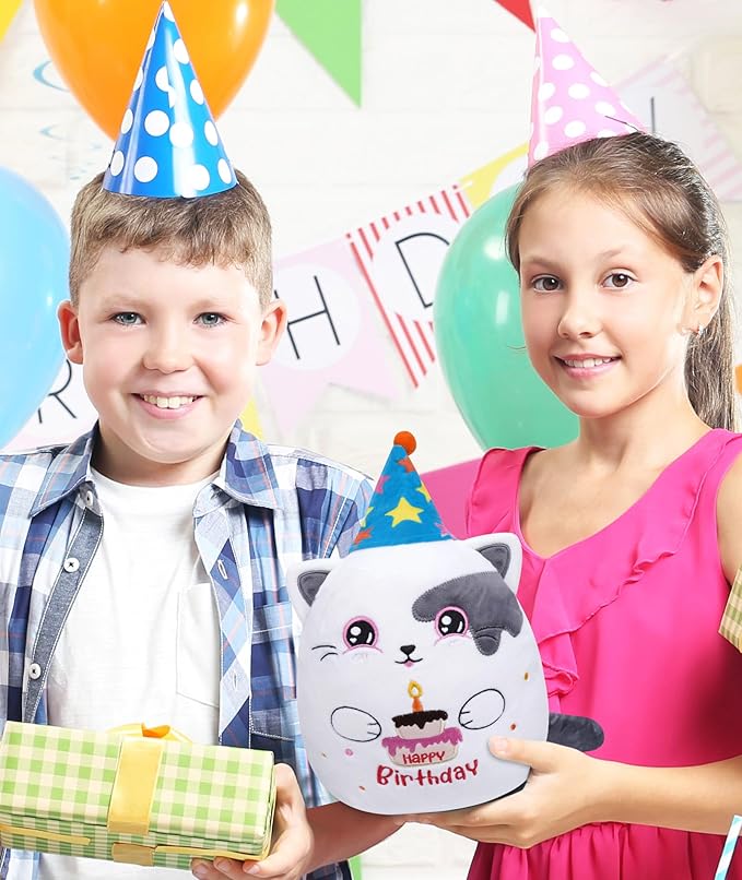 Birthday Stuff Cat Plush Gift - Adorable Blue White Cat Stuffed Doll, Cute Birthday Hat and Cake, Soft Huggable for Kids' Gifts, Cute Decor, 8 Inch