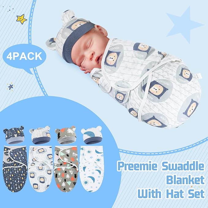 Buryeah 4 Pack Preemie Swaddle Blanket Wrap Set with Hat for Baby Boys Girls 3-7 Lbs Preemie Newborn Clothes Sleepers Cap