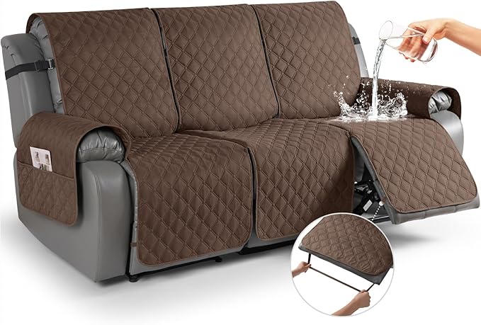 TAOCOCO 100% Waterproof Recliner Covers, Recliner Sofa Covers with Leg Straps, Reversible Recliner Couch Cover for Reclining Chair, Washable Couch Protector for Pets Kids(3 Seater, Brown)