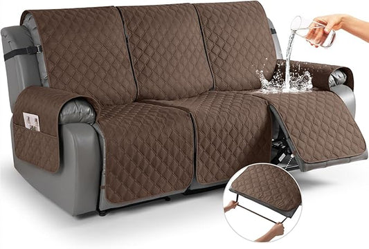TAOCOCO 100% Waterproof Recliner Covers, Recliner Sofa Covers with Leg Straps, Reversible Recliner Couch Cover for Reclining Chair, Washable Couch Protector for Pets Kids(3 Seater, Brown)
