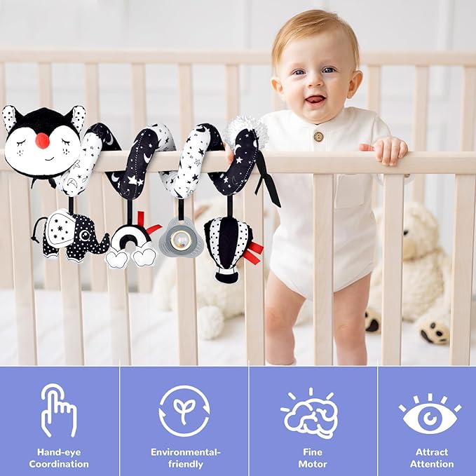 XIXILAND Musical Car Seat Toys Black and White Baby Toys, Infant Toys 0-6 Months Stroller Toys Newborn Toys, High Contrast Baby Toys for Newborn, Gift for 0 3 6 9 12 Months Girls Boys Babies