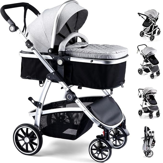 Baby Stroller, 2-in-1 Reversible Toddler Seat with Basket Mode, Foldable Infant Stroller with Canopy, One Button Brake, Adjustable Handle, Newborn Pushchair (Gray)
