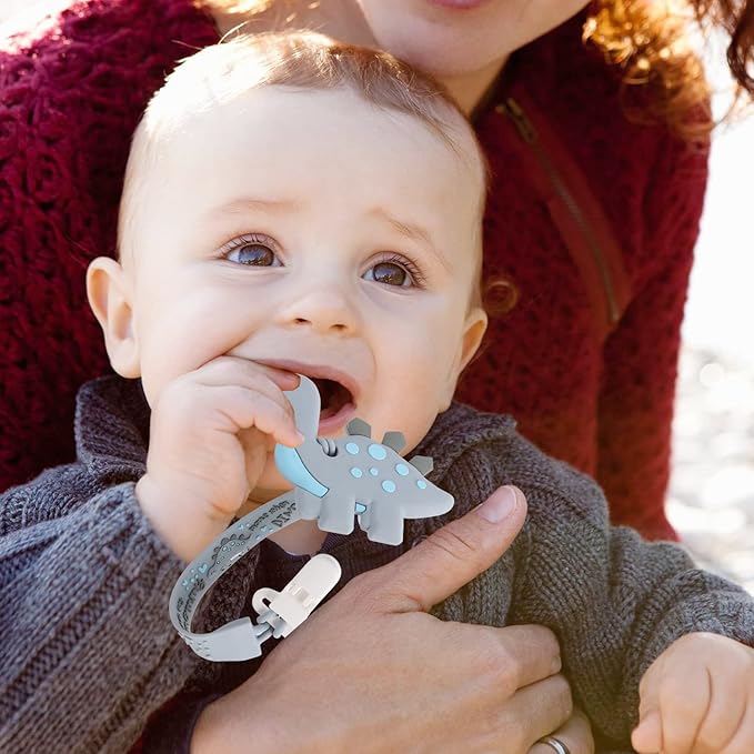 Baby Teething Toys, Dinosaur Teether Pain Relief Toy with One Piece Design Silicone Pacifier Clip Holder Set for Newborn Babies