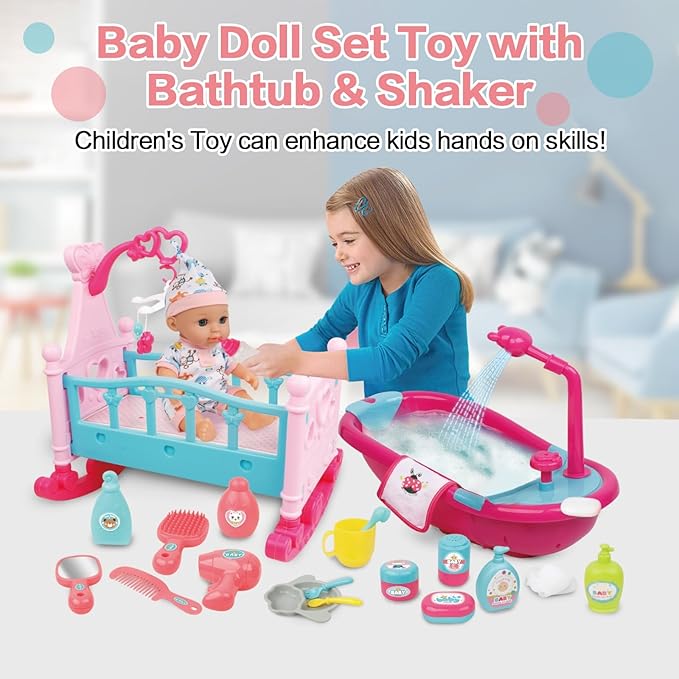 RedCrab 12" Baby Doll Toys Newborn Doll Bath and Bed 2-in-1 Shaker 25pcs Accessories 3+ Year