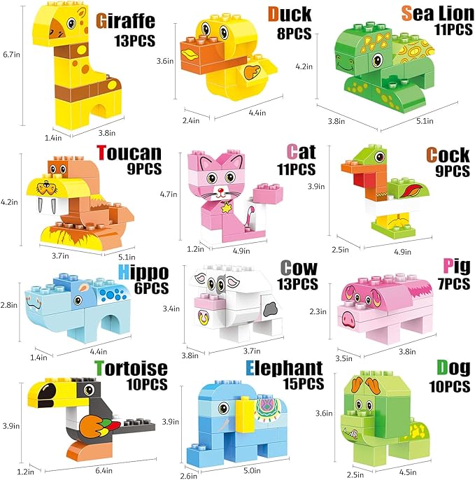 Animals Building Blocks Set, 122 Pieces Animal Building Toy Kit with Storage Box for Kids Ages 3 4 5 6 Years