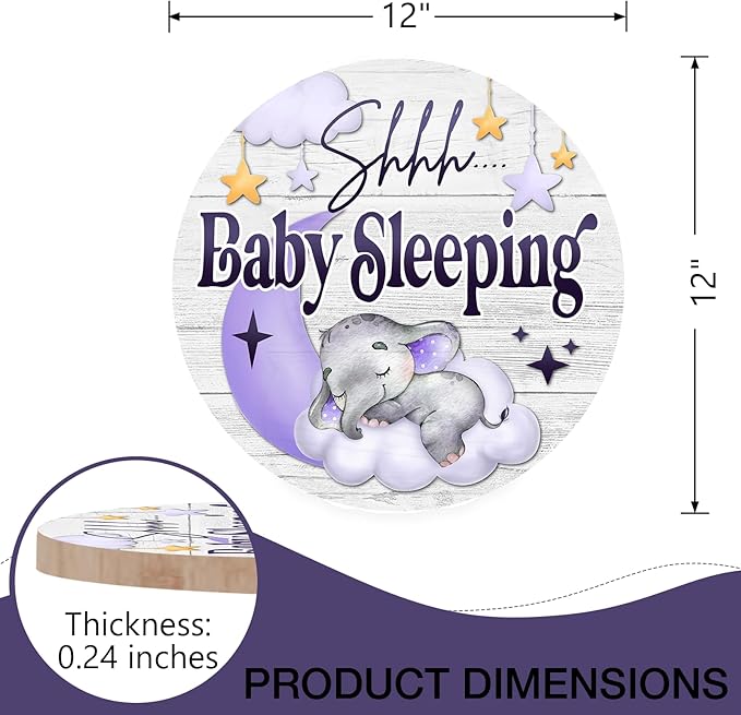 Deroro Shhh Baby Sleeping Front Door Sign, Elephant Purple Moon Cloud Stars Wood Door Hanger Outdoor Porch Nursery Decor