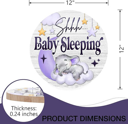 Deroro Shhh Baby Sleeping Front Door Sign, Elephant Purple Moon Cloud Stars Wood Door Hanger Outdoor Porch Nursery Decor
