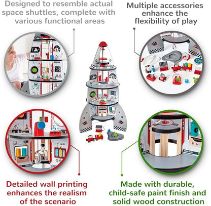Hape Four-Stage 20 Piece Durable Wooden Rocket and Spaceship Toy for Children, L: 18.8 18.8, H: 29.1 inch
