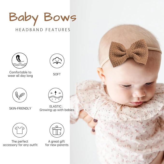 Baby Bows 10PCS Stretchy Nylon Headbands for Baby Girls, Handmade