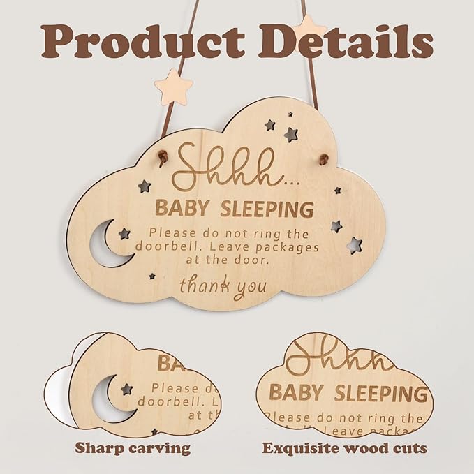 Baby Sleeping Sign for Front Door, Wooden Shhh Baby Sleeping