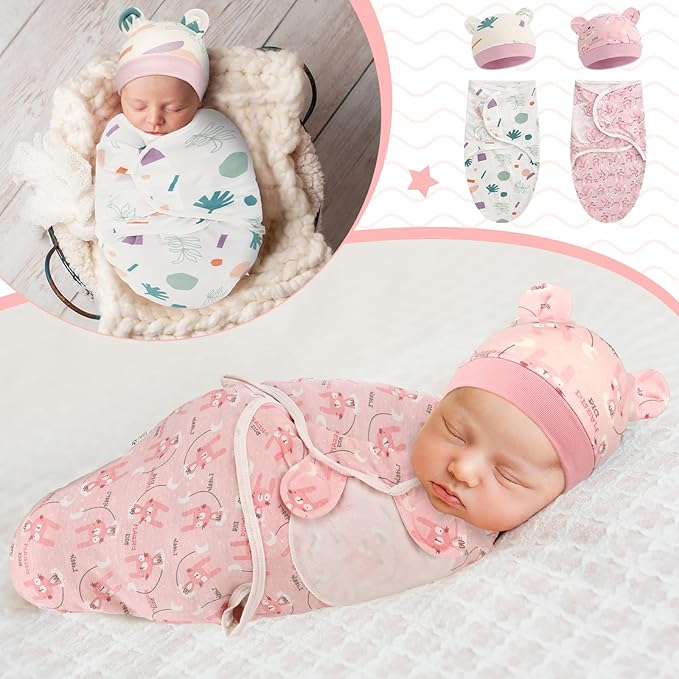 Buryeah 4 Pack Preemie Swaddle Blanket Wrap Set with Hat for Baby Boys Girls 3-7 Lbs Preemie Newborn Clothes Sleepers Cap