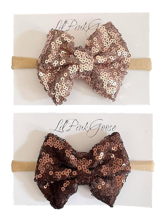 Baby Girls Neon Glitter Sequins Bow Headbands for Newborn to 1 Year Up Toddlers (Rose Gold,Brown 2 Count 1)