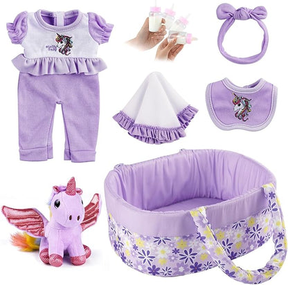 JIZHI 7 Pcs Reborn Baby Doll Clothes with Baby Doll Accessories Set for 8-9-10 Inch Dolls, Floral Pattern Baby Doll Bassinet and Unicorn Toy for Realistic Baby Doll Girls