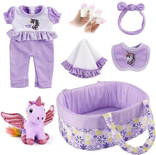 JIZHI 7 Pcs Reborn Baby Doll Clothes with Baby Doll Accessories Set for 8-9-10 Inch Dolls, Floral Pattern Baby Doll Bassinet and Unicorn Toy for Realistic Baby Doll Girls