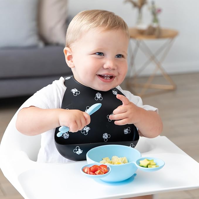 Bumkins Disney Baby Bowl, Silicone Feeding Set with Suction for Baby and Toddler, Includes Spoon and Lid, Essentials for Baby Led Weaning,for Babies 4 Months, Mickey Mouse Light Blue