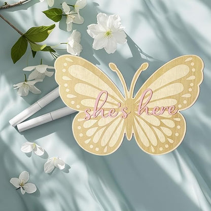 Baby Announcement Sign, She?Ös Here Wooden Sign for Hospital