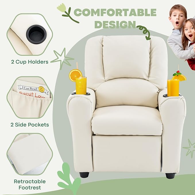 JC HOME Candy Kids Reclining Chair Leather Recliner Sofa Toddler Youth Children Child Ages 1-6