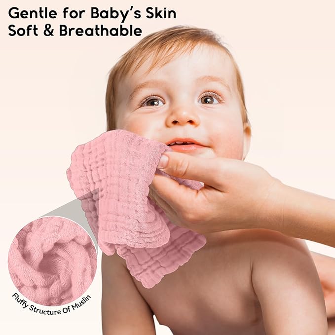 Muslin Baby Washcloths 6 Pack, 100% Cotton Wash Cloths for Babies, Large 12''X12'' Burp Cloths Absorbent and Soft for Newborn Infants Kids Boys Girls - Bean Paste