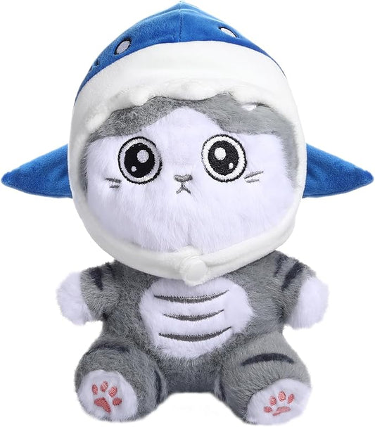 MIAODAM Cute Cat Plushie with Shark Stuffed Animal Hat - Soft Shark Cat Plush Toy Stuffed Animal Doll, for Baby (20cm/7.8in)