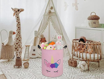 Round Pink Color Unicorn Pattern Laundry Hamper Storage Basket Organizer