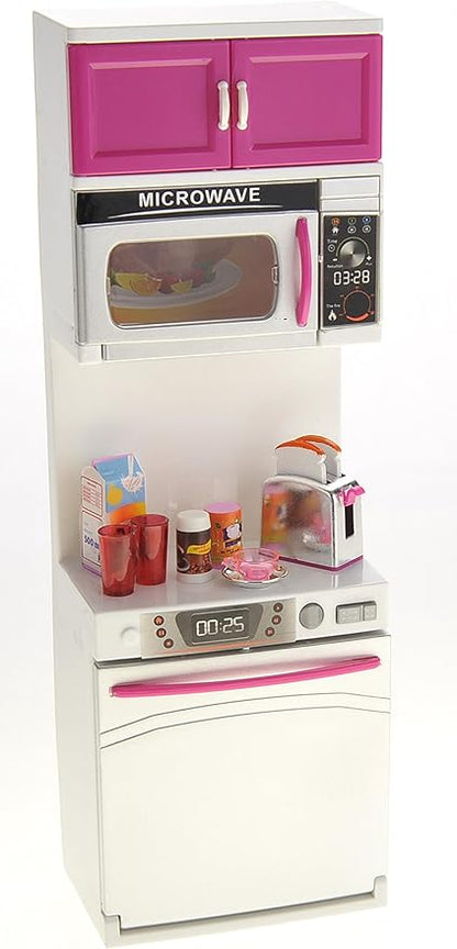 Doll Kitchen Playset, Mini Modern Kitchen Toys Pretend Play Furnitures Toy Sets Accessories Set with Realistic Light & Sound for Kids Toddlers Girls (3-in-1)