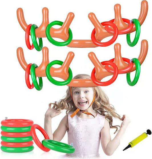 Inflatable Reindeer Antler Toss Headband Game Christmas Toy, for Kids Adults Family Christmas Party Favors Outdoor Indoor Ring Toss Xmas Games 2 Antlers 8 Rings 1 Air