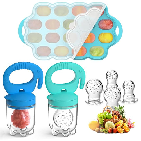 Silicone Baby Food Teether Feeder with Breastmilk Popsicle Molds Combo, BPA Free Baby Fruit Food Feeder Pacifier 4m+, 3