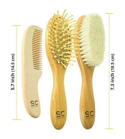 Baby Hair Brush and Baby Comb Set for Newborn, Boy and Girl - Wooden Baby Brush w/Soft Goat Bristles for Cradle Cap - Infant, Toddler Hair Brush, Baby Grooming kit, Soft Hair Brush by Stone & Clark