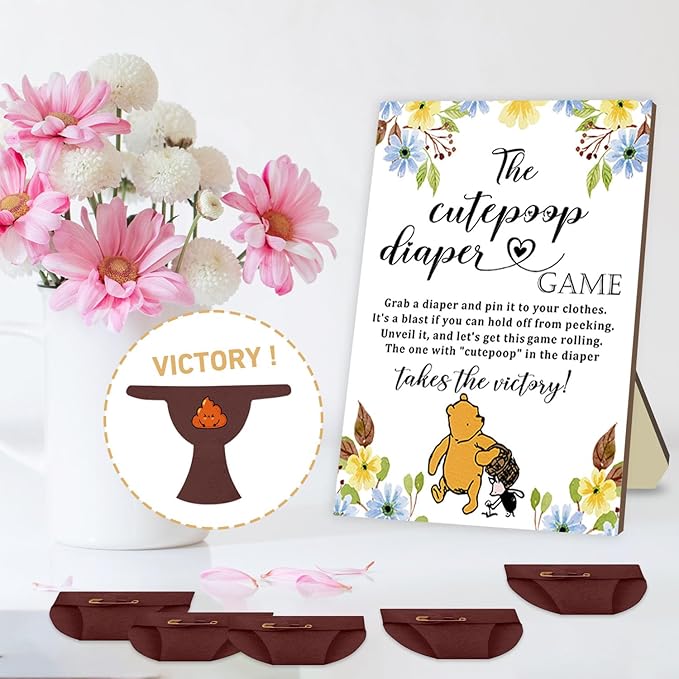 Azbuk Winnie Baby Shower Games Set - Wooden Baby Shower Sign with 50 Pcs Mini Felt Diapers Brown, Winnie The Cutepoop Diaper Baby Shower Game