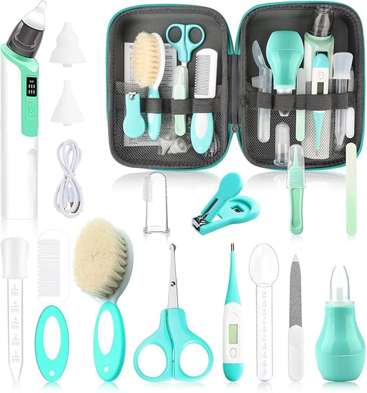 Baby Grooming Kit, Infant Safety Care Set with Baby Nose Aspirator，Baby Hair Brush Comb Nail Clipper Nasal Aspirator,Baby Essentials Kit for Newborn Girls Boys (17 Pc Green Kit)