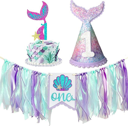 Mermaid 1st Birthday High Chair Banner Purple Party Decorations Mermaid