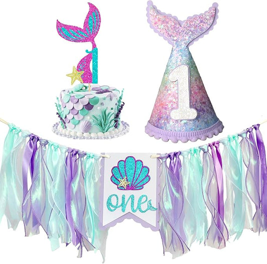 Mermaid 1st Birthday High Chair Banner Purple Party Decorations Mermaid