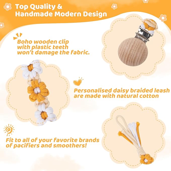 Pacifier Clip for Boys Girls Floral Daisy Macrame Baby Paci (1pack:Yellow Daisy