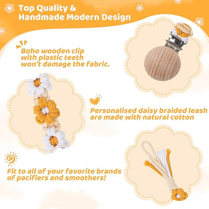 Pacifier Clip for Boys Girls Floral Daisy Macrame Baby Paci (1pack:Yellow Daisy
