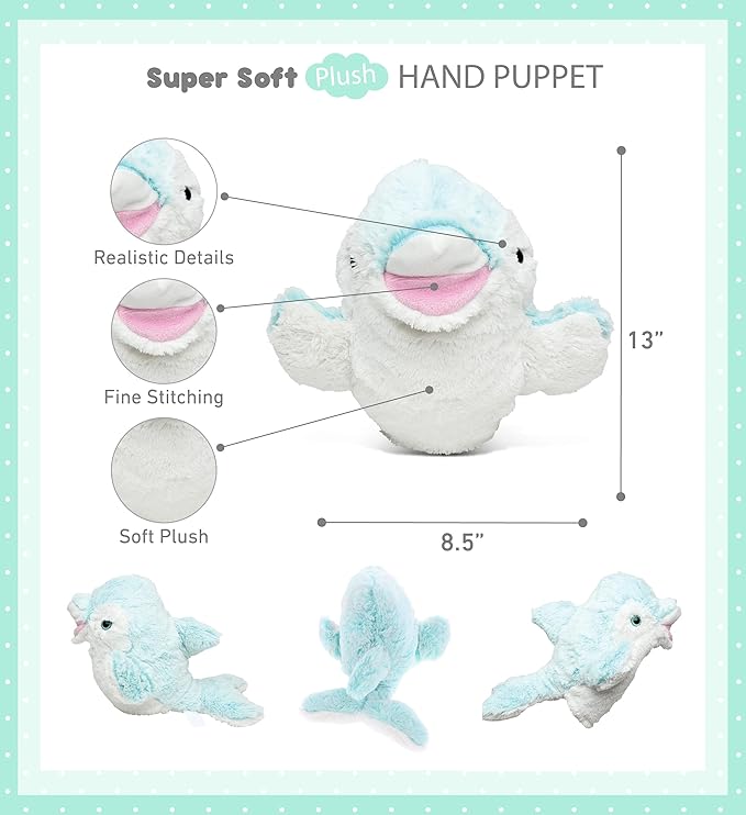 DolliBu Dolphin Plush Hand Puppet for Kids - Soft Plush