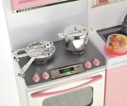 PowerTRC Doll Kitchen Play Set, Mini Modern Toy Pink Kitchen Pretend Play Furnitures Toy Set Accessories Set with Realistic Light & Sound for Kids Toddlers Girls (3-in-1)