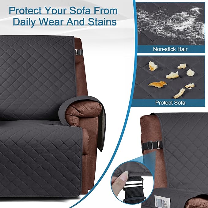 KinCam 100% Waterproof Recliner Chair Cover, Reclining Couch Covers for Pets, Dogs, Recliner Couch Slipcover Furniture Protector with Elastic Straps for Kids(23.6", Charcoal Gray)